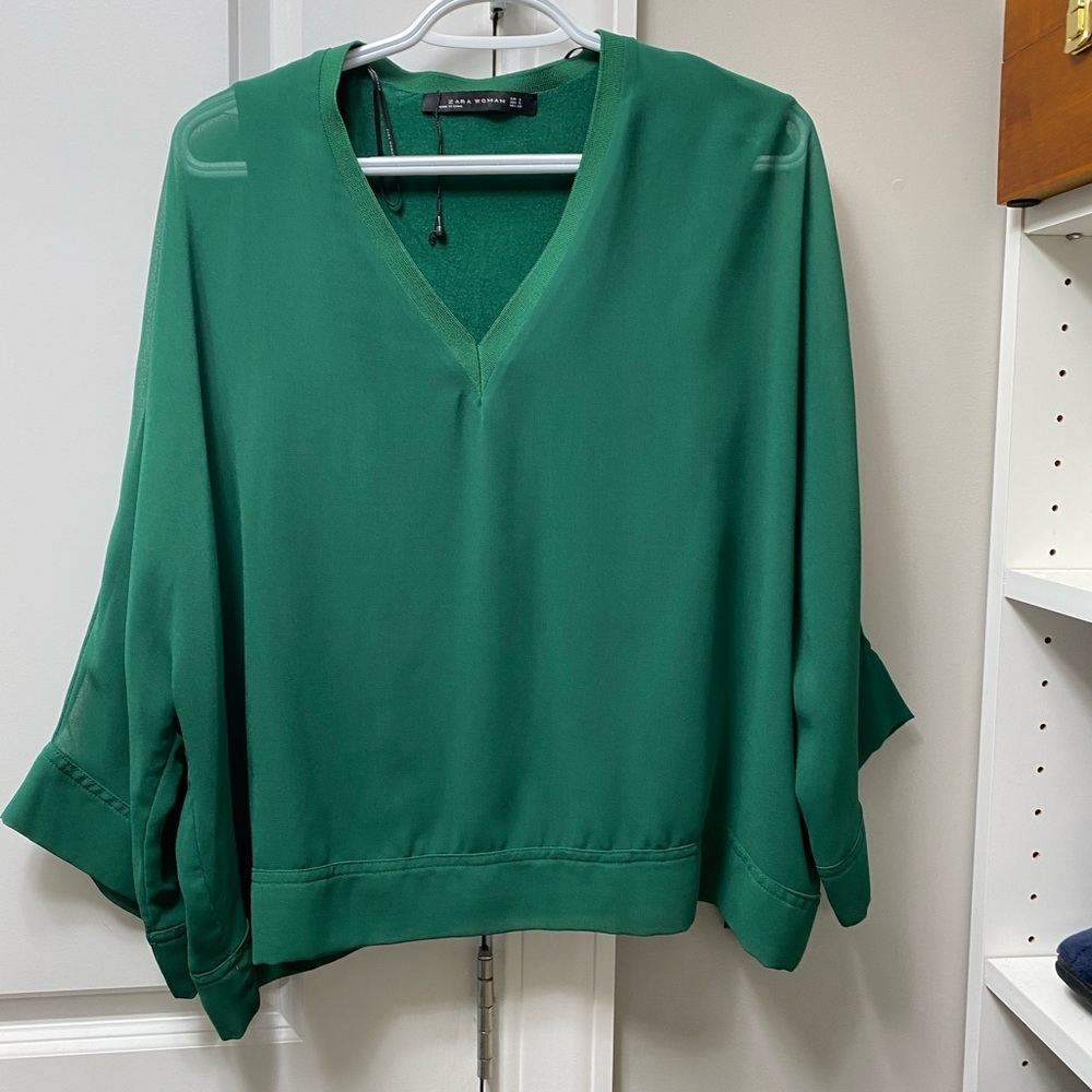 Zara Women- small emerald green blouse with sheer arms- like new